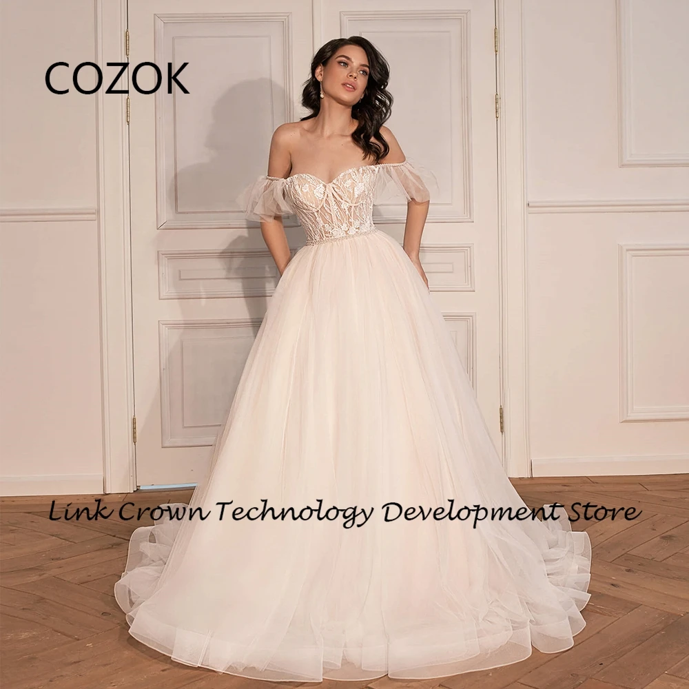 

COZOK Sweetheart Off Shoulder Bridal Gowns with Lace 2024 A Line Court Train Wedding Dresses for Princess Summer Vestidos De