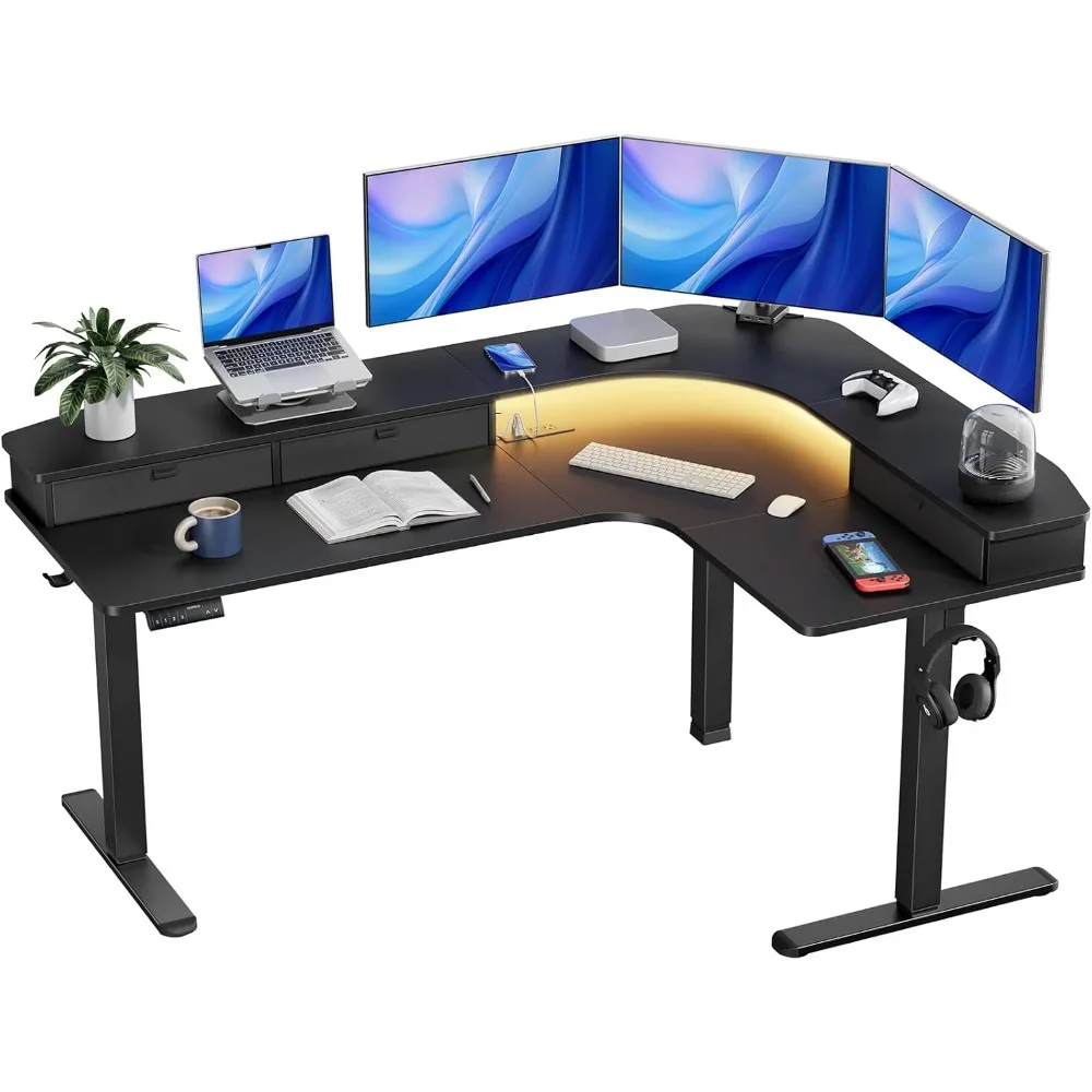 L-Shaped Standing Desk with Power Outlets & LED Strip, Support C-Clamp Mount, Electric Height Adjustable Corner Computer Desk