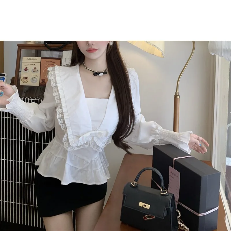 Women's Spring Autumn Solid Square Collar Pullover Lace Ruffles Long Sleeve T-shirt Fashion Casual Elegant Office Lady Tops