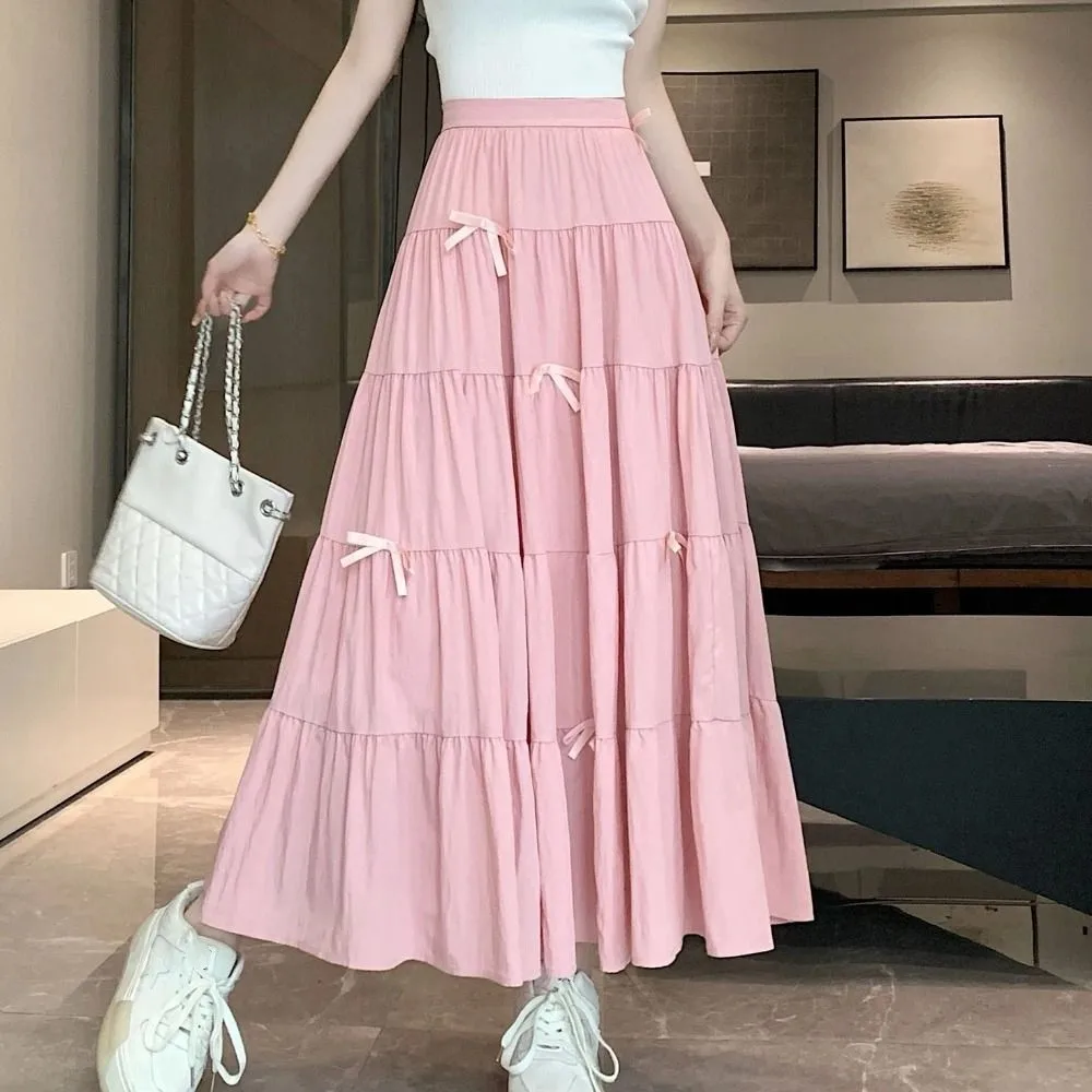 리본 티어드 미디 스커트 하이웨이스트 플리츠 롱 케이크 A라인 스커트 한국 스타일 솔리드 컬러 세븐 포인트 롱 드레스 스트리트웨어