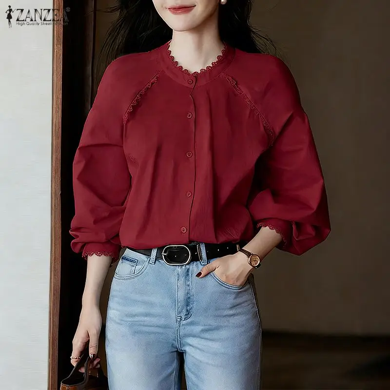 

ZANZEA Fashion Lantern Sleeve Shirts Women Long Sleeve Buttons Patchwork Tops Spring Casual Elegant Office Lady Streetwear Blusa