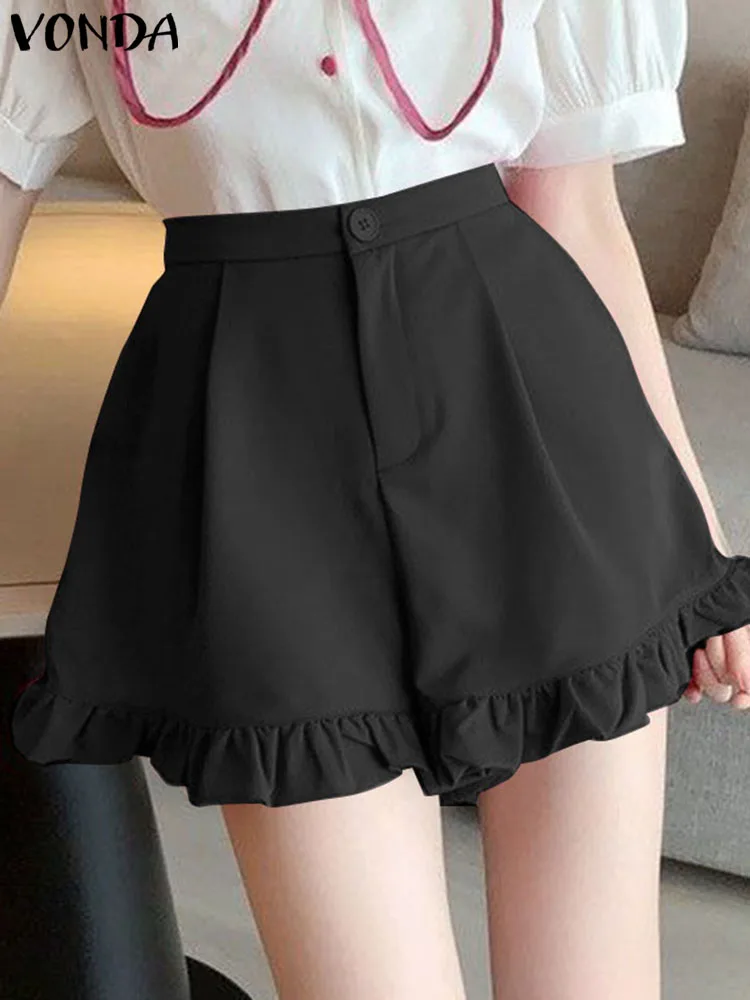 

VONDA Summer Women Shorts 2024 High Waist Solid Color Ruffled Hot Shorts Ladies Casual Loose Zipper Fashion Bottoms Oversized