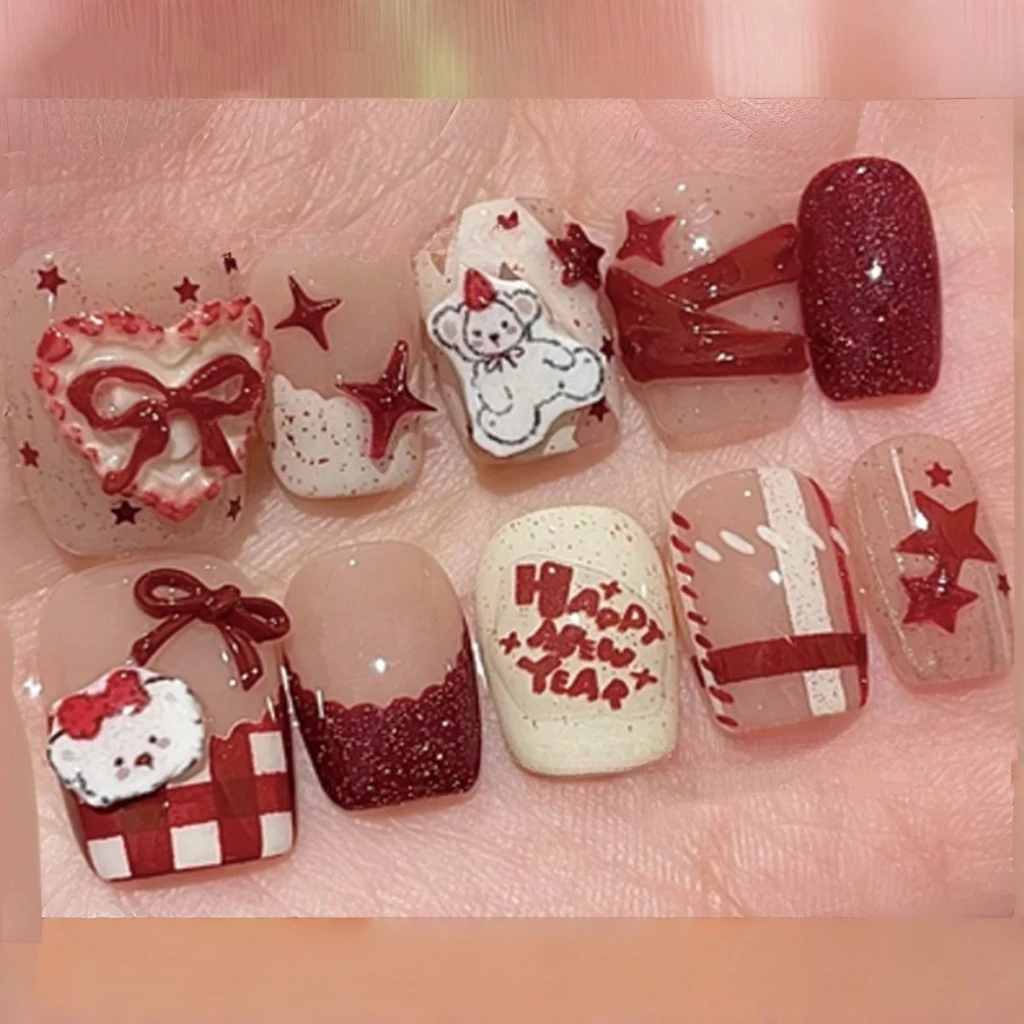 24 STKS Vierkante Nepnagels Rode Beer Cat Eye Druk op Nagels 3D Boog Frans Ontwerp Schattig Zoet Ins Stijl Festival Kunstnagels voor Meisje