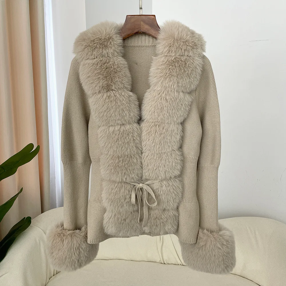 Women Faux Fur Knit Sweater Cardigan Spring Autumn Elegant Knitted Sweater with Faux Fox Fur Collar Ladies Fashion Coat Fur Coat