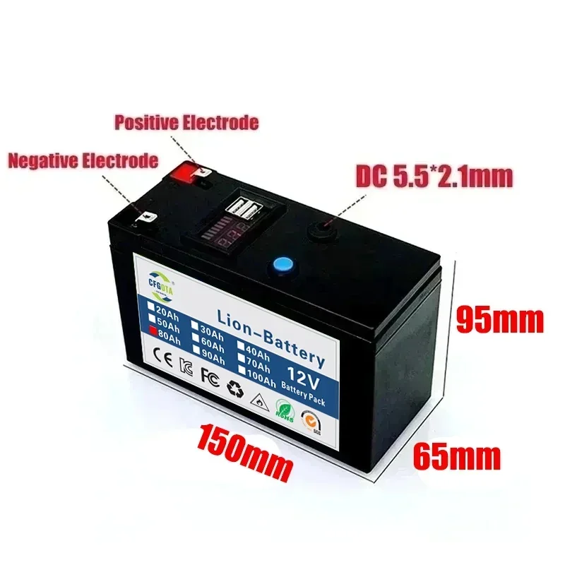 New Recharable 12V 80Ah Lithium Ion Battery,For Electric Boats,LED Light,Golf CartsEct Replacement 12V Li-Ion Battery