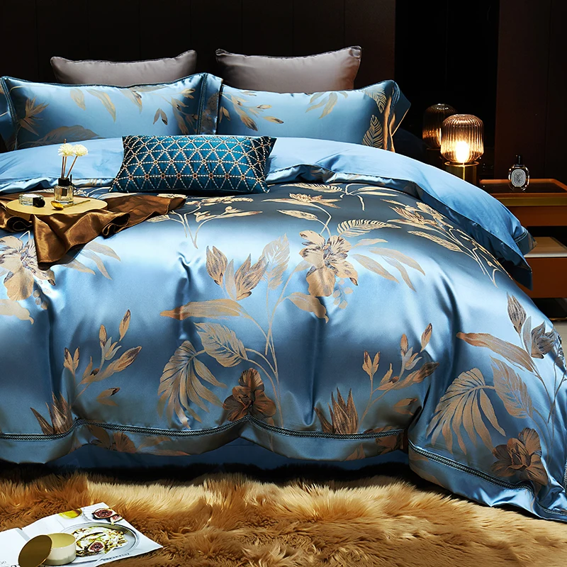 Luxury Satin Jacquard  Cotton Bedding Set Gold Leaves Egyptian Cotton Smooth Duvet Cover Set Flat/Fitted Sheet Pillowcases