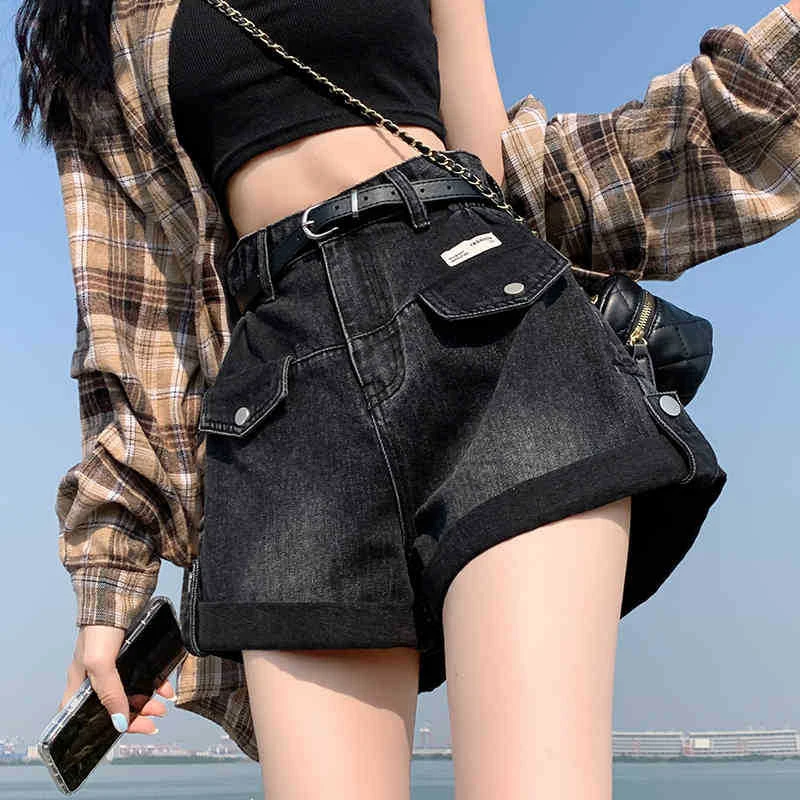 

Летние новые черные джинсовые шорты с широкими штанинами, женские стильные джинсовые шорты с искусственным карманом и рулонным подолом, короткие модные узкие шорты трапециевидной формы с высокой талией