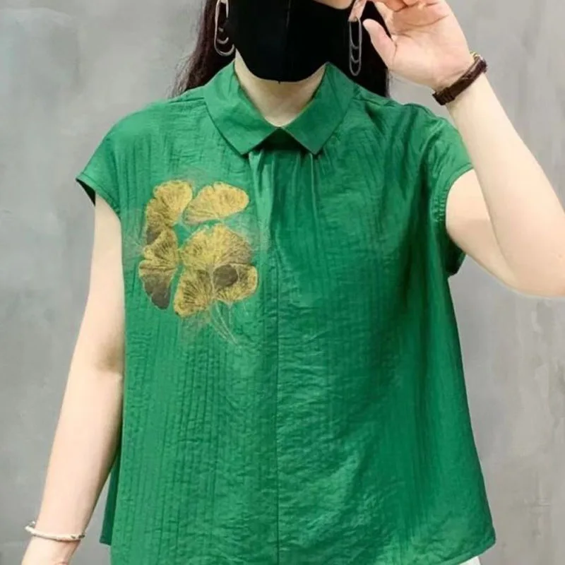 Summer New Fashion Simplicity Versatile Loose Commuter Solid Color Screw Thread Polo-Neck Printed Short Sleeve Chiffon Shirt Top