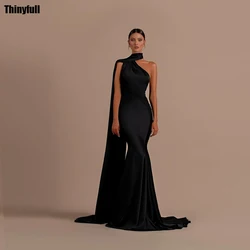 Thinyfull Black Satin Mermaid Evening Party Dresses Halter Sleeveless Prom Dress Long Formal Occasion Gown Robe De Soirée 2024