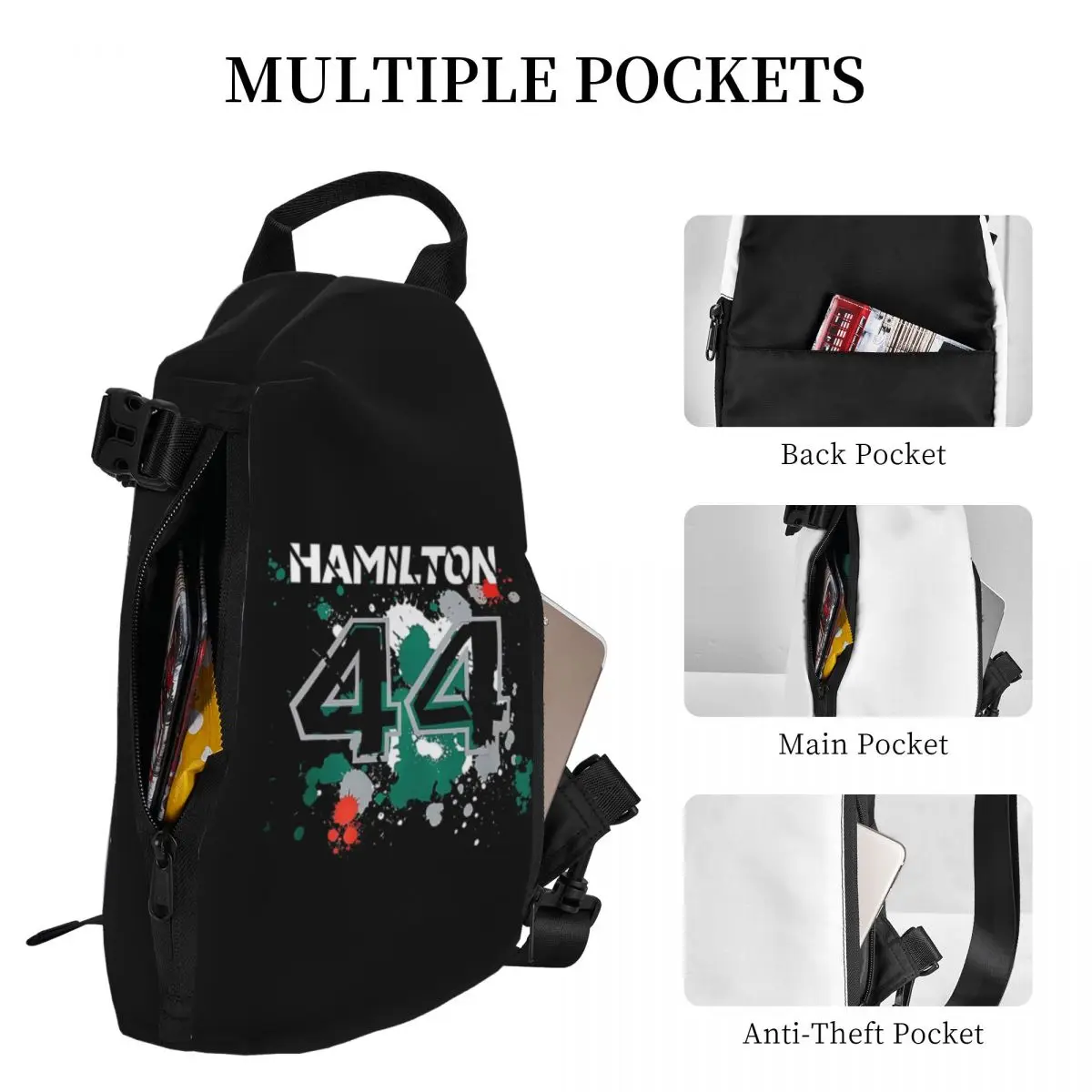 Lewis Hamilton 44 Bolsa de peito masculina Sling Crossbody Mochila Bolsa de peito Bolsa de ombro para viagem e caminhada