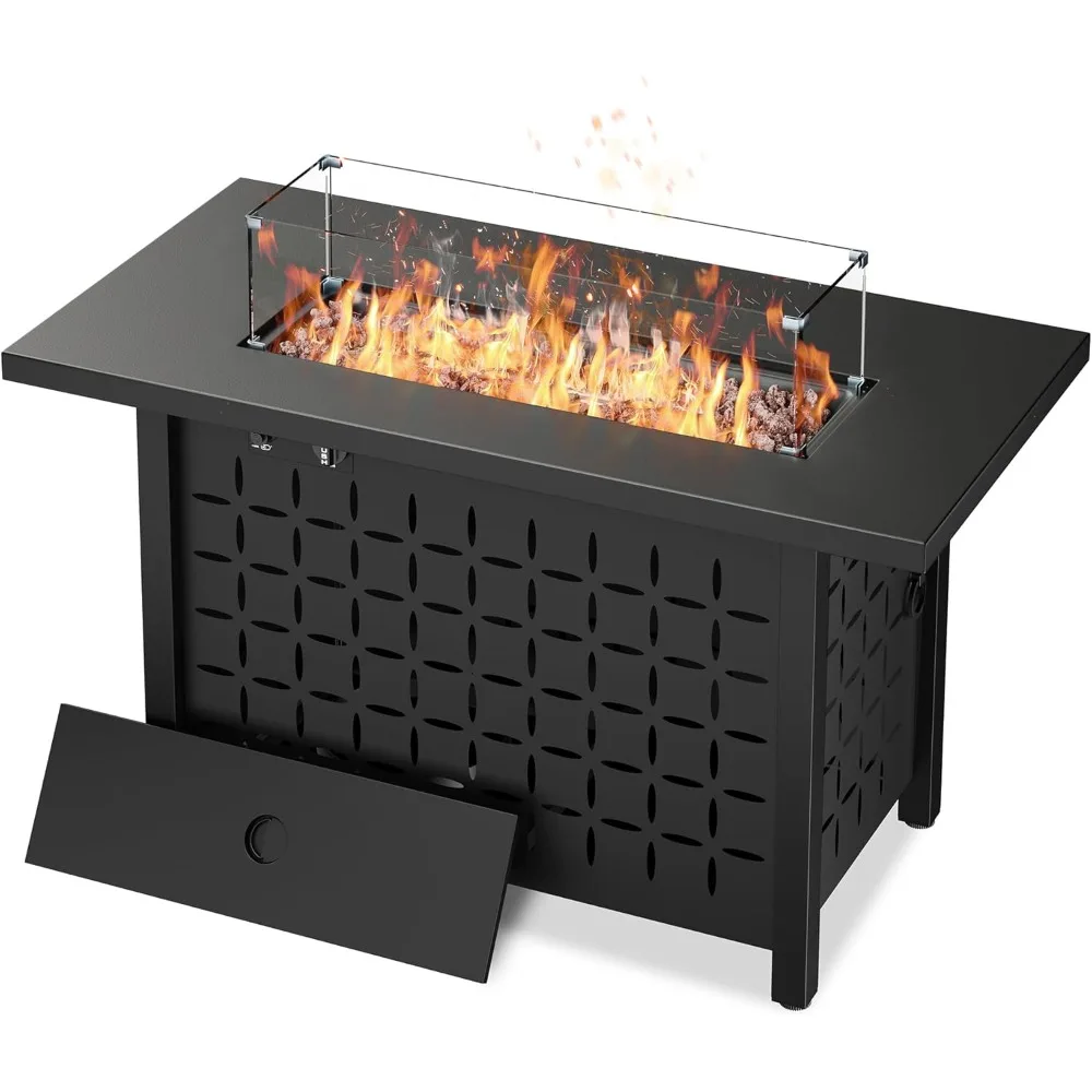 

43 inch Fire Pit Table with Lid, Glass Wind Guard, Lava Rock, 50,000 BTU, 2 in 1 Outdoor Rectangular Propane Gas Fire Pit Table