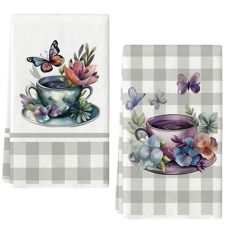 2Pcs, Plaid Butterfly Kitchen Towels, 40Cm*60Cm Towel Set, Super Absorbent Soft Cleaning Cloth, Cooking and Baking Tea Towel, Hand Towel, Cleaning Cloth, Dishwashing Cloth, Kitchen Decoration, Living Room Decorations, Kitchen Essentials, Home Essentials