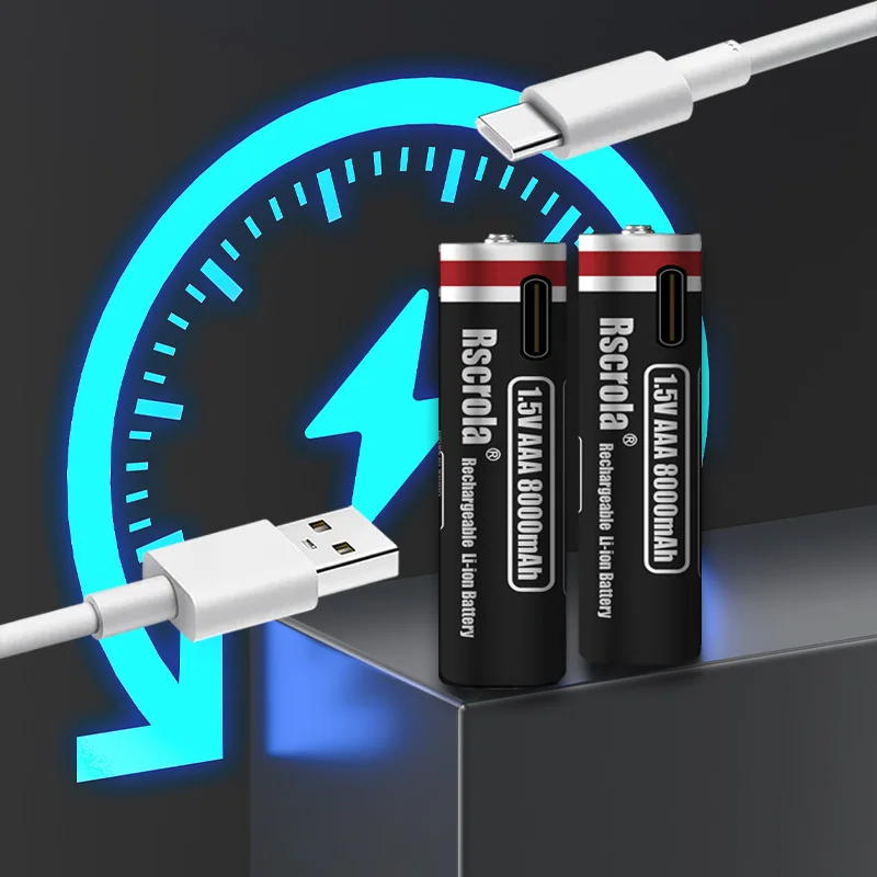 1.5V  AAA 8000mAh Lithium Battery - USB Type-C Rechargeable for Portable Speakers, Gamepads, Clocks & Flashlights