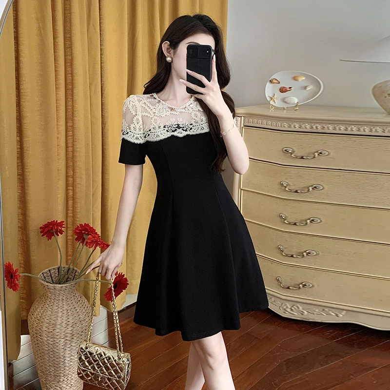 

Women Mini Dress Elegant Luxury Lace Splicing Slim A-line Black Formal Party Club Dress Summer 2025