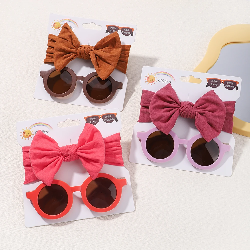 2Pcs/Set Soft Summer Bows Headband Vintage Kids Round Sunglasses Children Sun Glasses Protection Glasses Kids Hair Accessories