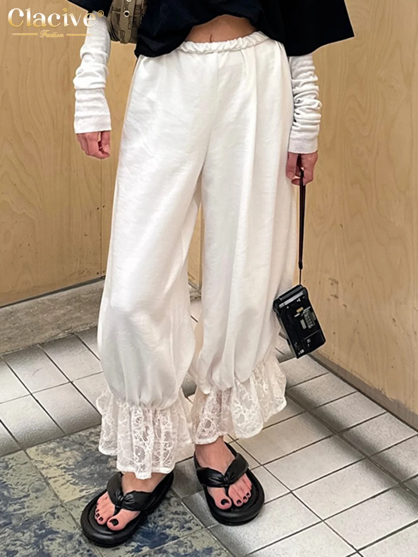 

Clacive Fashion Loose White Women's Pants Casual High Waist Wide Trousers Elegant Classic Lace Spliced Pants Female Clothing