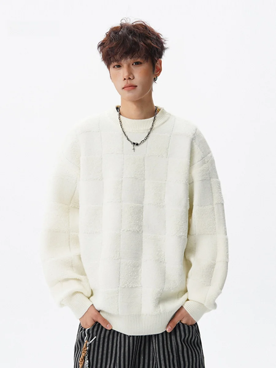 

Men's Plaid round Neck Knitted Sweater Thick Warm Autumn Winter New Style Casual Comfortable Long Sleeve Knitwear Base Shirt