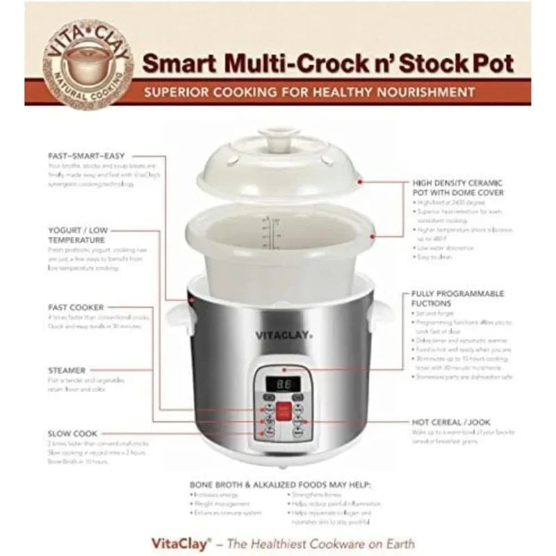 Smart Stoneware Multi Crocks Stock Pot - Electric Pot for Cooking Bone Broth, Large Slow Cooker, Yogurt Maker, Stew Pot