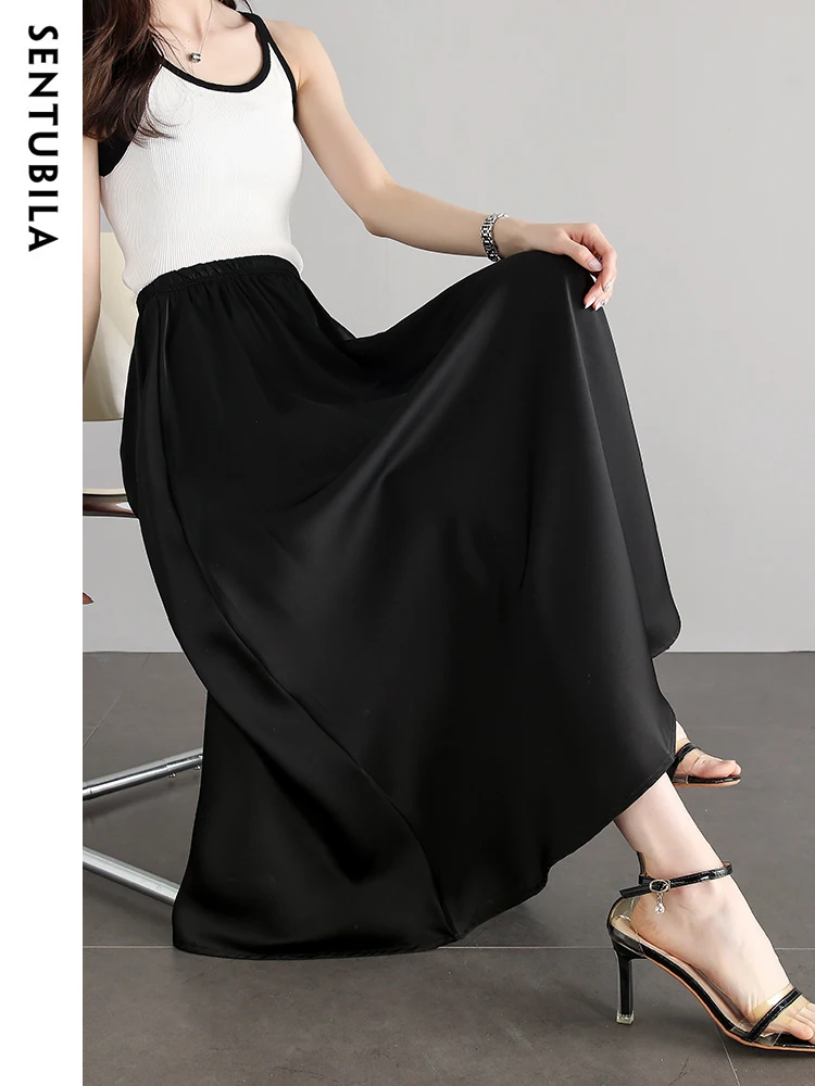 SENTUBILA Elegant Swing Long Skirts for Women Fashion 2024 Autumn Simple Elastic Waist Loose Skirt Women\'s Clothes W33Q51133