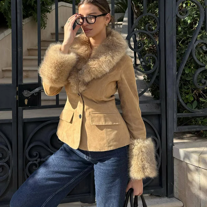 HXAO Faux Fur Blazers For Woman Jacket Fitted Faux Leather Suede Jacket Women Cropped Winter Elegant Women's Tailoring Blazer