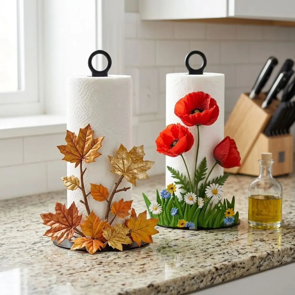 2D Flat Floral Paper Towel Holder Cook Character Freestanding Vertical Roll Paper Holder Cartoon Animal Flower Pattern