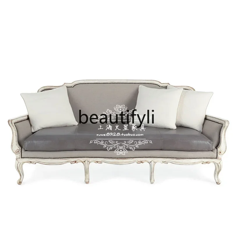 D178  Solid wood double triple sofa American simple retro clubhouse reception sofa French sand