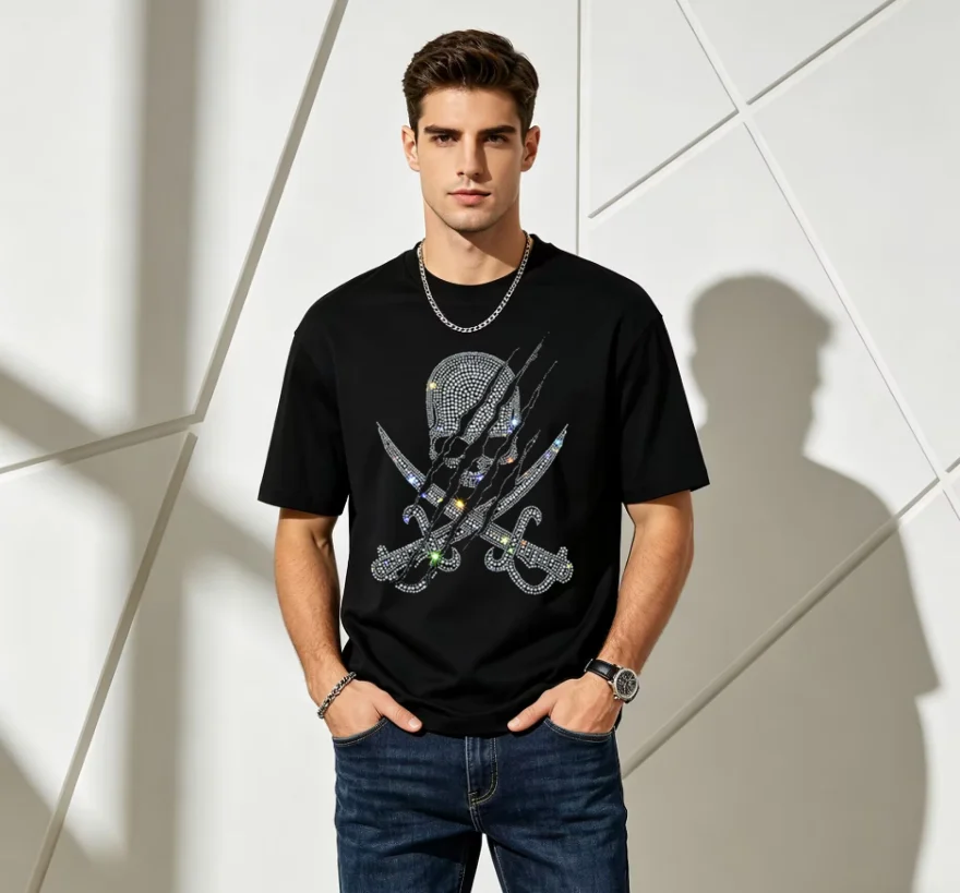 Men's Fashion Anime Rhinestones Dress T-shirt Cotton Hip Hop Streetwear Casual Graphic Tee Drop Shipping Hip Hop Style