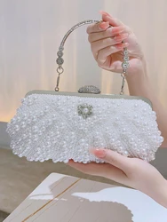 Faux Pearl & Diamond Shell Pattern Event Clutch Bag, Buckle Metal Chain Handbag Party Bag