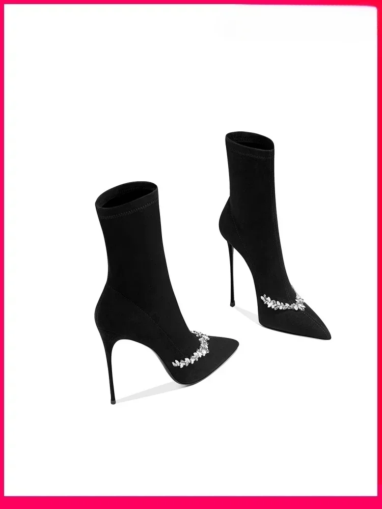 

Spring and Autumn New Women's High Heels Black Pointed Fine Heels Fashion Mid Socks Boots