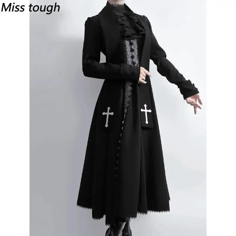 Gothic Lolita Dark Women Black Lace Trim Ruffle Cross Cape Dress Charm High Waist Slim Fit Maxi Dress Gathering Harajuku Outfits