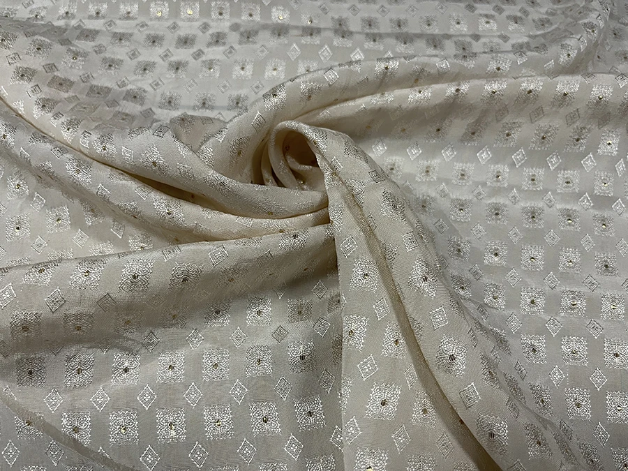 

High Quality Real Silk Jacquard Fashion Cloth Creamy-white Geometric Embroidered Designer Design Fabric Dress Coat