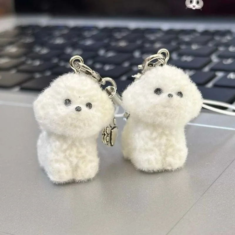 1/2Pcs Flocked Dog Kawaii Puppy Keychain 3D Little Plush Animal Pendant Backpack Car Keyrings Charms Hangs Decor Accessories