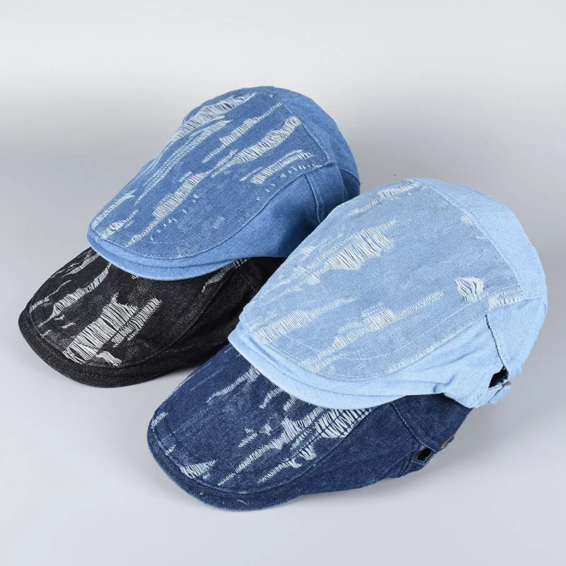Summer Beret Women Men Unisex 2025 Spring Flat Cap Vintage Made Old Holes Washed Cotton Denim Berets Chapeau Hommes Newsboy Hat