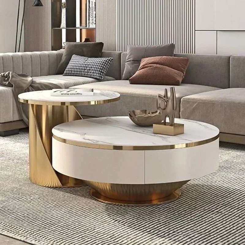 2pcs Modern Gold White Round Marble Slab Coffee Table Set Wooden Furniture Luxury Center Table For Living Room