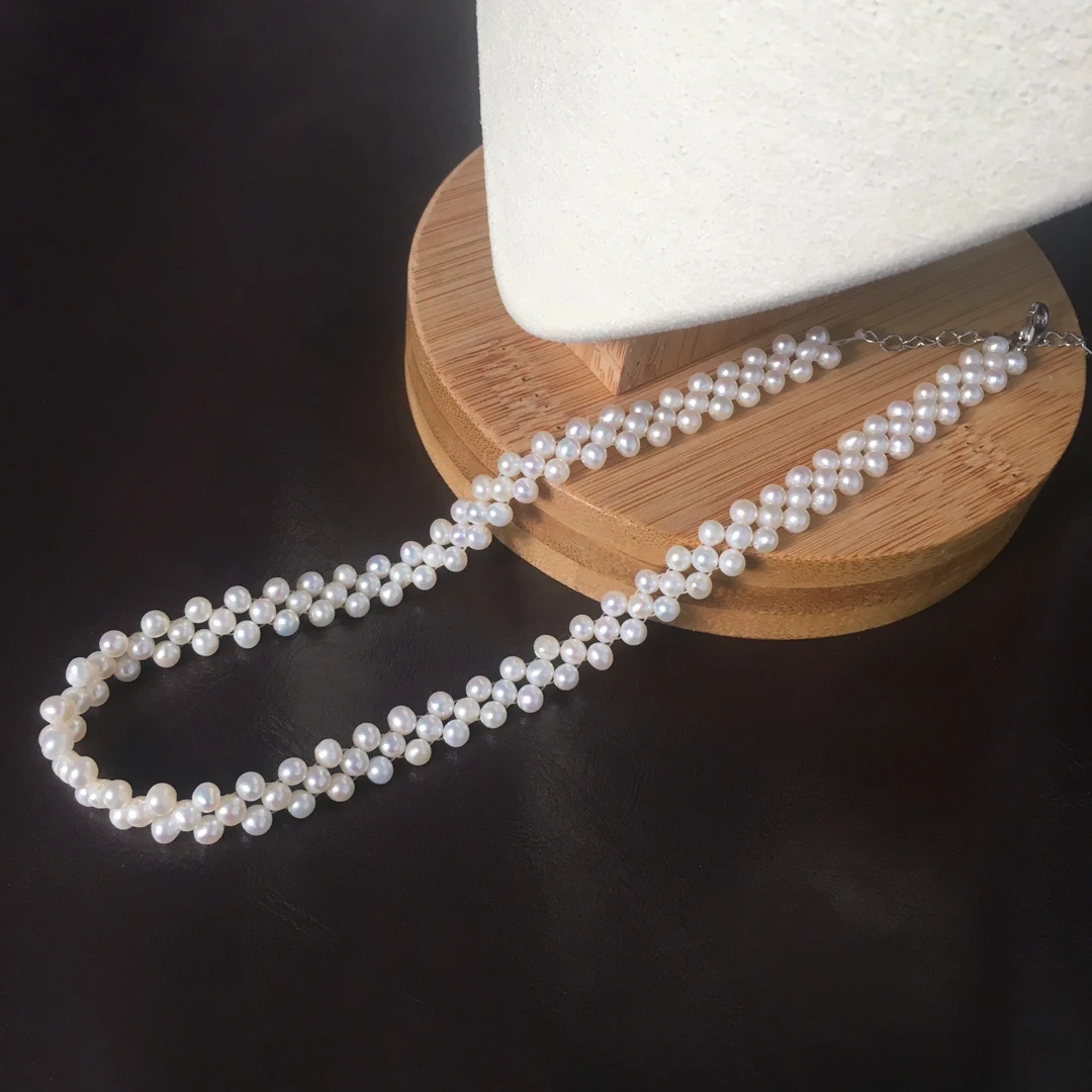 Hot Sell Purely Hand-Knitted Pearl Choker Handmade Woven Necklace Jewelry with 3-4mm Quality Natural Real Freshwater Baby Pearls