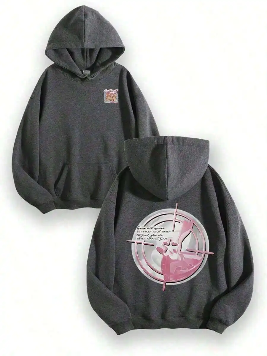 

Темно-серое худи оверсайз с розовым принтом в виде мишени и эффектом потертости