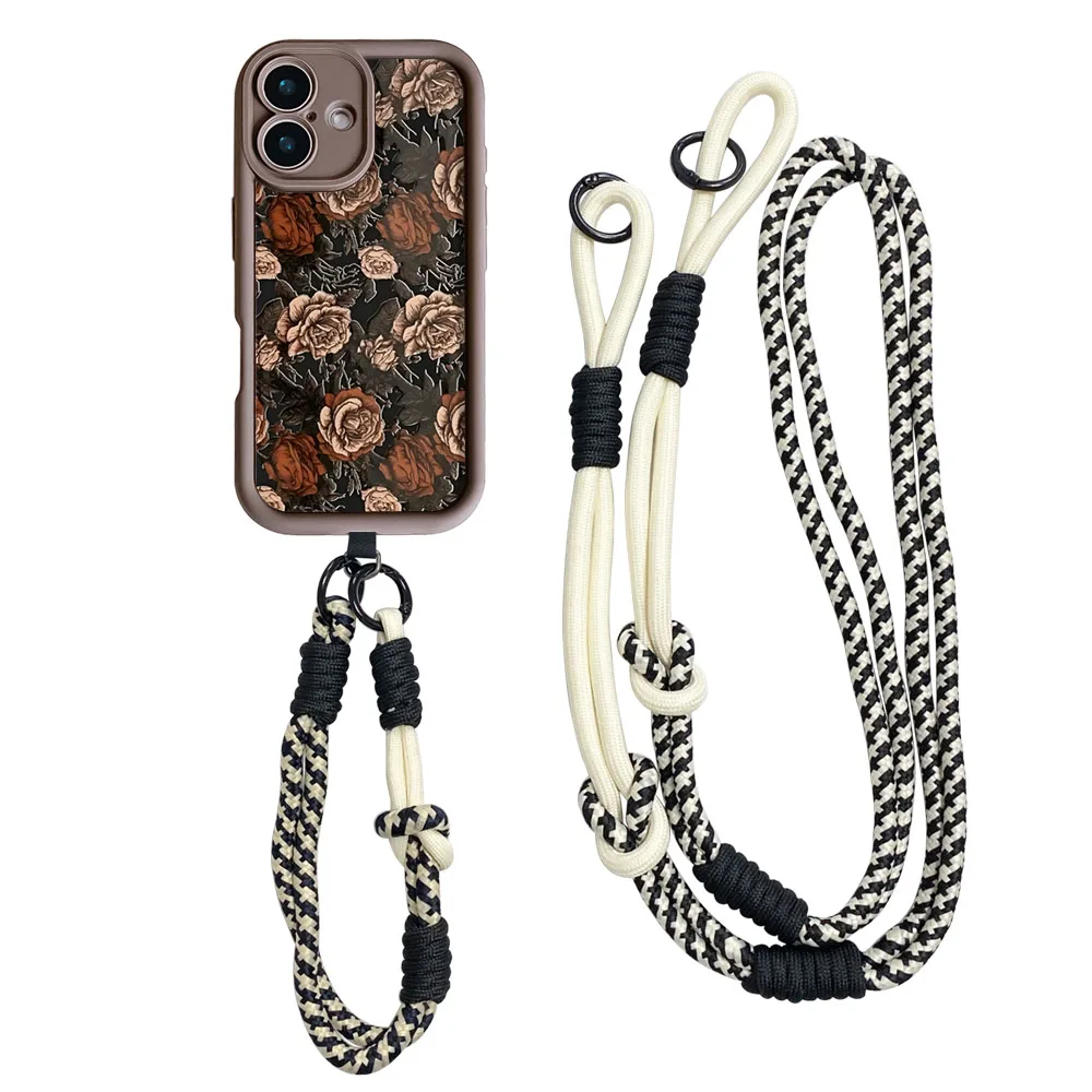 Ypm5 جراب هاتف آيفون 16 15 14 13 12 11 17 برو ماكس XS ماكس XR 7 8 زائد الفاخرة زهرة الورد Crossbody الحبل حزام حبل غطاء #2