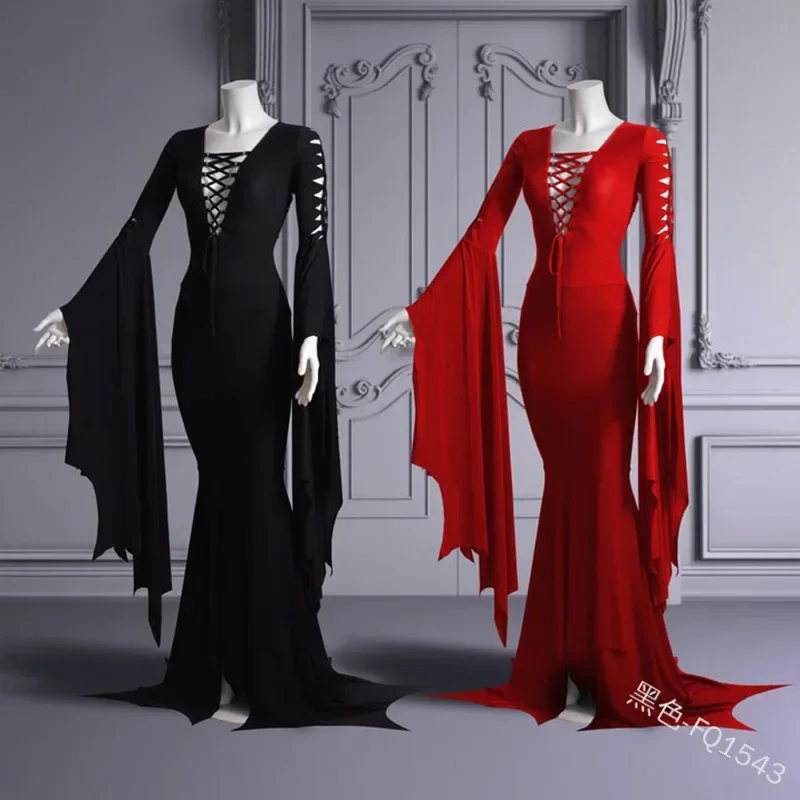 A Plus size wtich ghost costume Gothic floor train dress vampire vintage Morticia Addam bandage cosplay robe