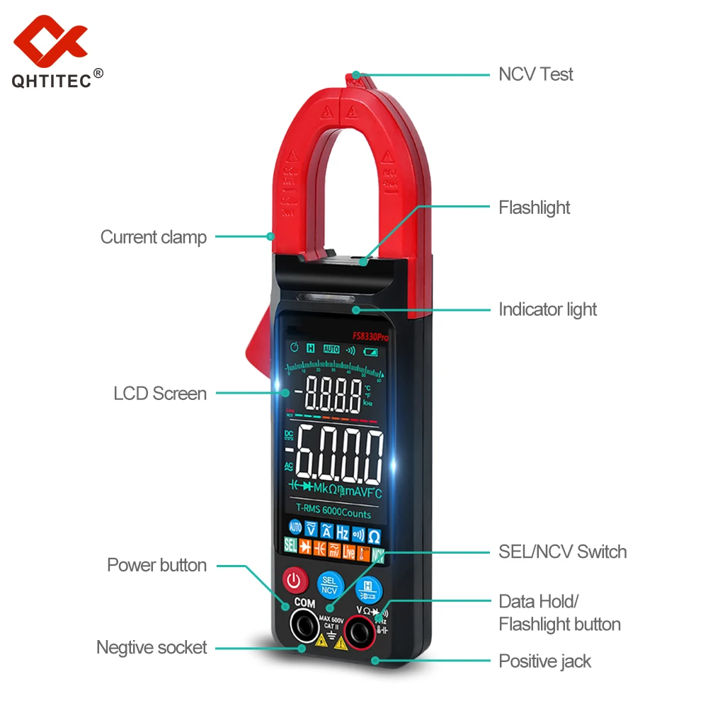 QHTITEC DC/AC Current Digital Clamp Meter 6000 Counts 400A Amp Multimeter Large Color Screen Voltage Tester Car Hz NCV Ohm