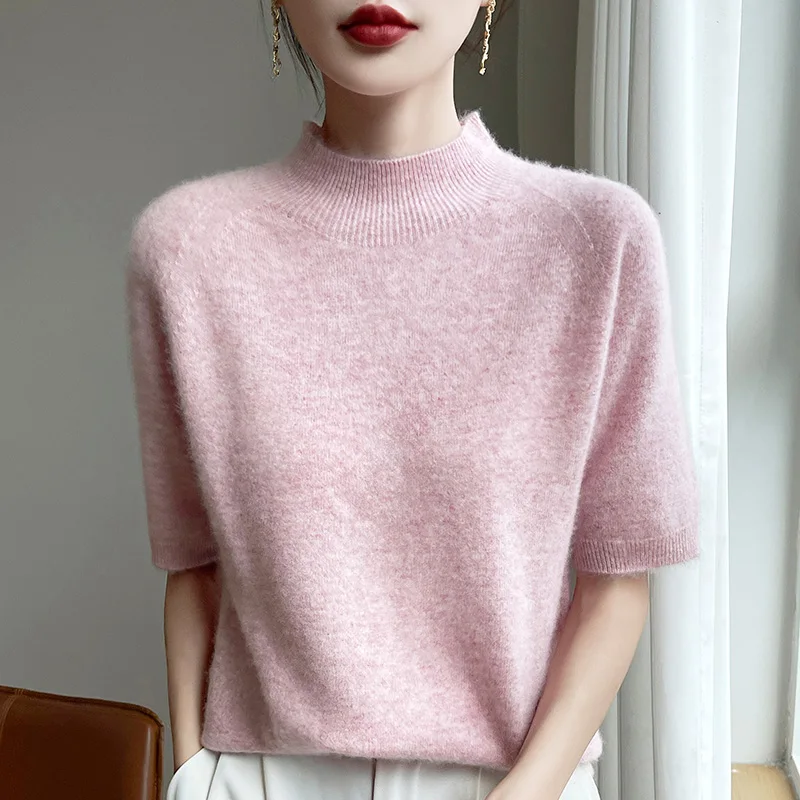Spring Autumn Semi-High-Necked Wool Knit Bottoming Shirt Short-Sleeved Pullover Women Close Fit Comfort Solid Semi-Sleeve Tops