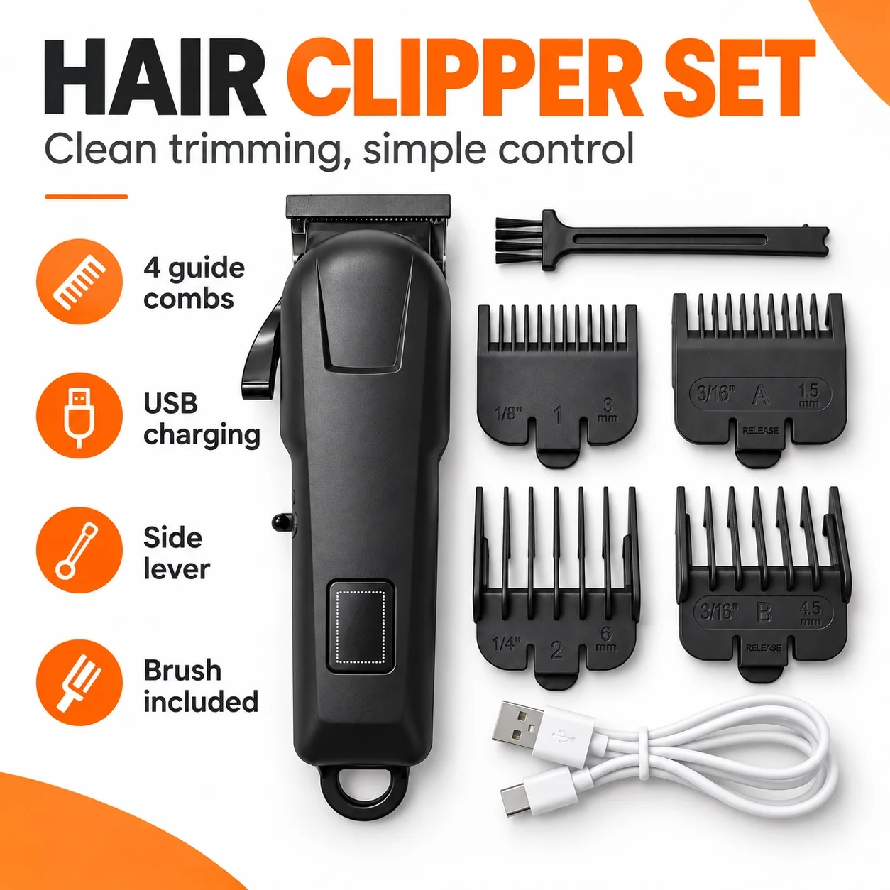 Electric Hair Clipper and Shaver Set, with Power Display, USB Charging Model, Home-Use Men's Grooming Kit, Multi-Size Guide Combs, Portable Trimmer, Dual-Purpose for Hair Trimming and Beard Shaving, Includes Cleaning Brush and Charging Cable, Personal Grooming Tool for Home Use, Lightweight and Easy to Hold, for Hair Trimming, Contour Shaping, Beard Shaving, and Trimming Hair and Contours.