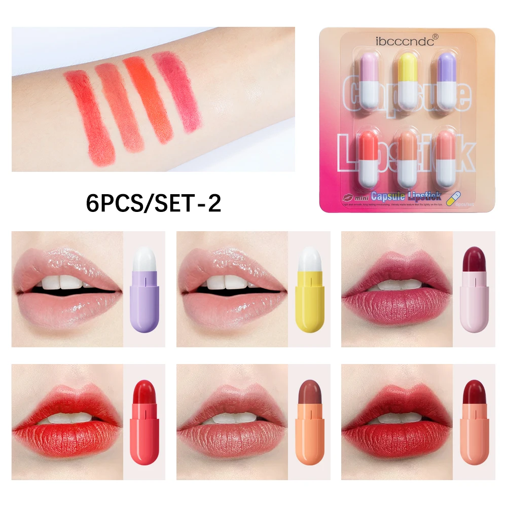 6Pcs Mini Capsule Lipstick Set Velvet Matte Long Lasting Portable Pill Shape Lip Makeup Waterproof Multi Shades Lip Cosmetic For Women