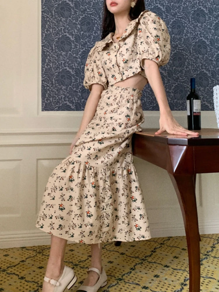 Vintage Floral Two Piece Set Women Elegant Cropped Top Slim A-line Long Skirt Sets Female Casual Sweet Printing Party Skirt Set