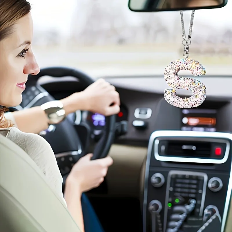1PC Shiny Rhinestone Letter Car Rearview Mirror Pendant Fine Crystal Pendant Bling Accessory Creative Car Home Decorations Gifts
