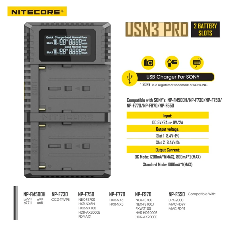 

Nitecore USN3 Pro Dual Slot USB QC Charger For Sony NP-FM500H NP-F550 NP-F970 NP-F770 NP-F730 NP-F750 F550 Camera Battery