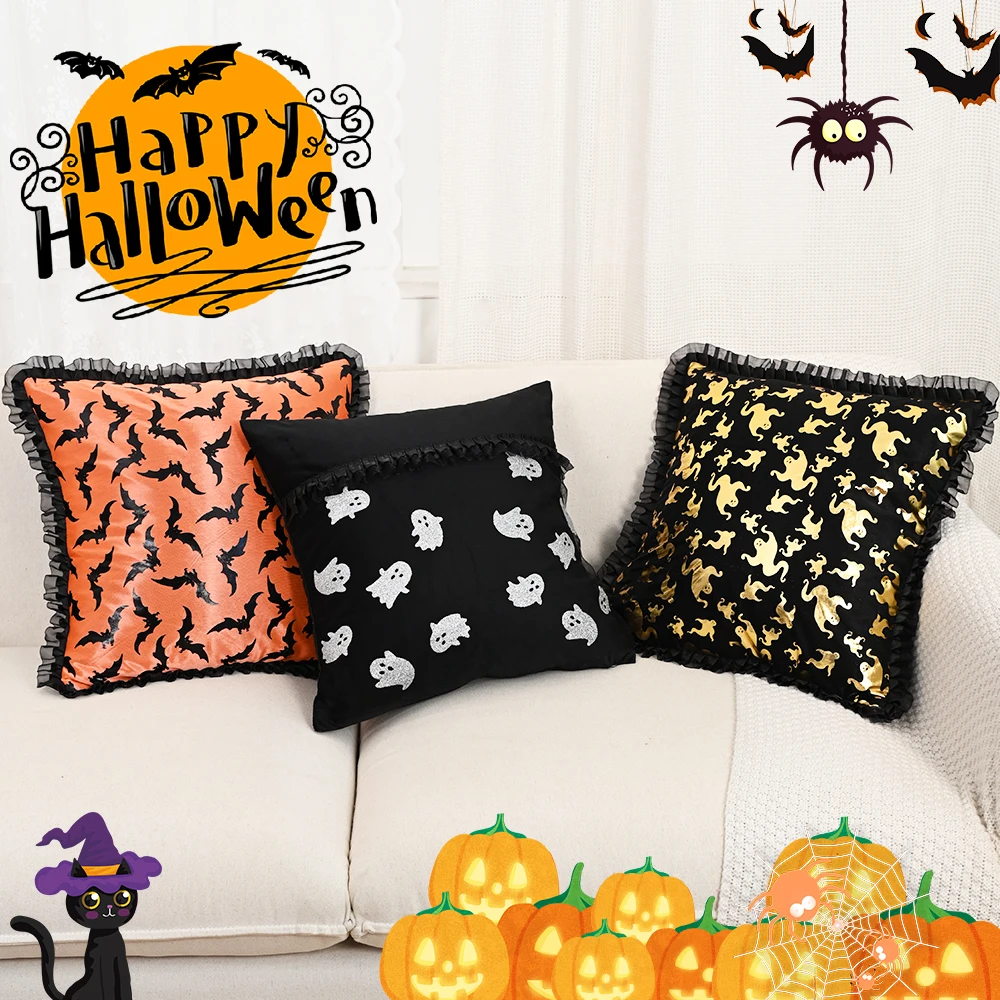 BUYNOW Halloween Mesh Lace Bat Ghost 18x18inch Pillowcase Funny Halloween Party Home Living Room Sofa Saddle Cushion Cover Decor