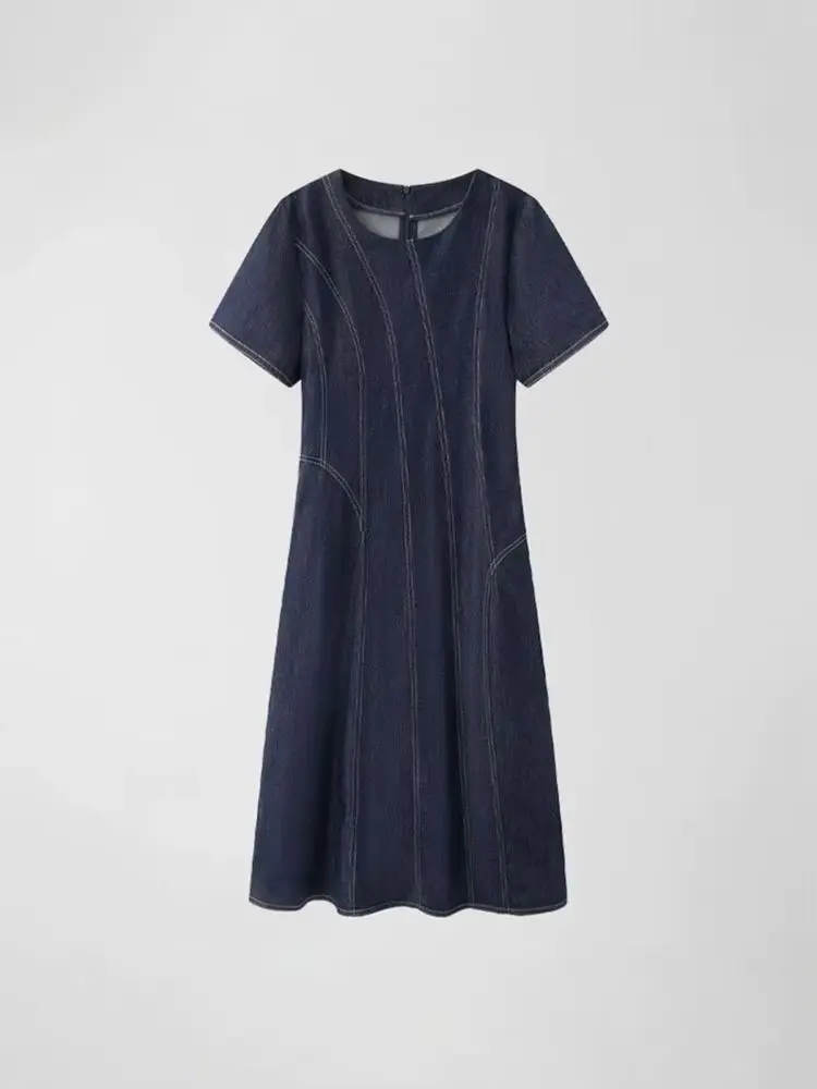 Temperament Women Short Sleeve Denim Dress Chic Bright Thread Design Casual A-Line Dresses Vintage Commuter Mid-Length Dress