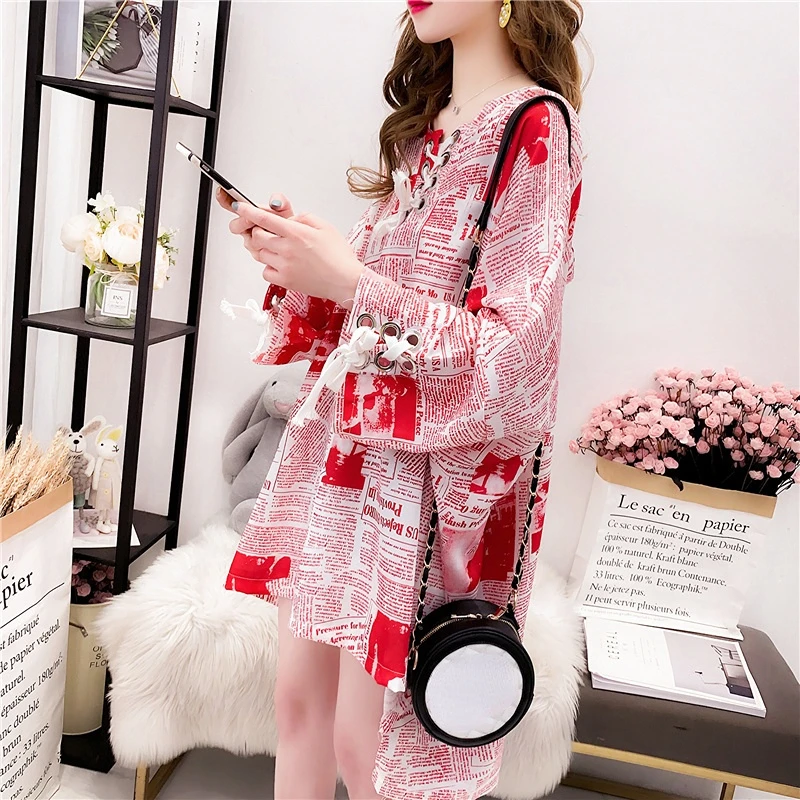 Summer New Lacing Hollow Oversized T Shirt Tops Medium Long Print Irregular Hooded Pullovers Casual Vintage Women Clothing