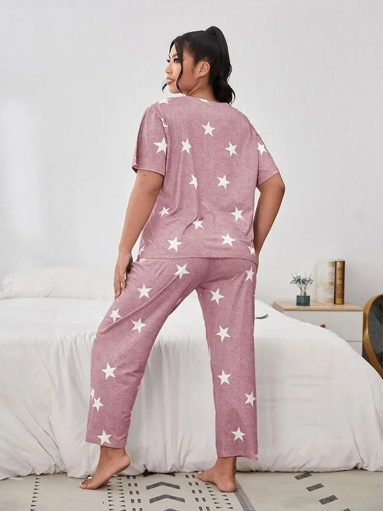 Two pieces -autumn and winter new leisure home clothes short -sleeved pants star full printed pajamas lady