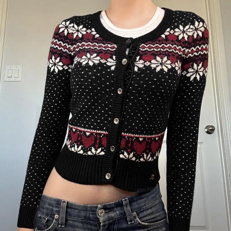 

Knitted Cardigan Small Fresh Buttoned Ethnic Style Jacquard Retro Chic Versatile Short Sweater Women